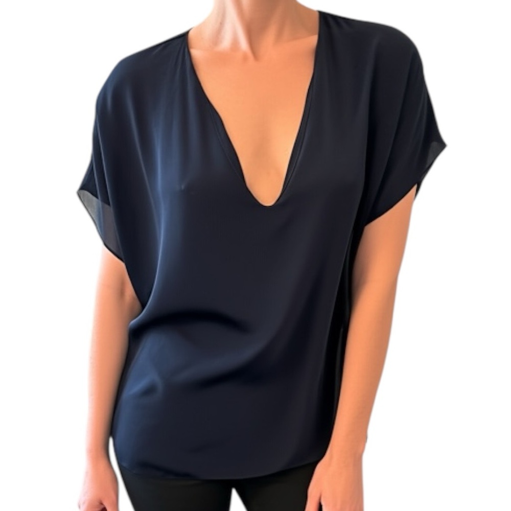 Vince Navy Blue 100% Silk Oversized V Neck Cap Sleeve Blouse Size Medium